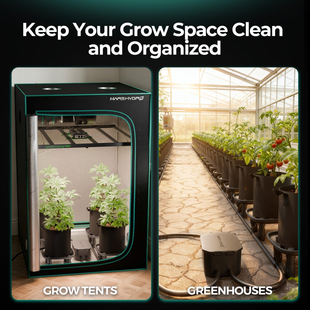 Mars Hydro otomatik drenaj sistemi grow tent ve sera kullanımında yetiştirme alanını temiz ve düzenli tutar